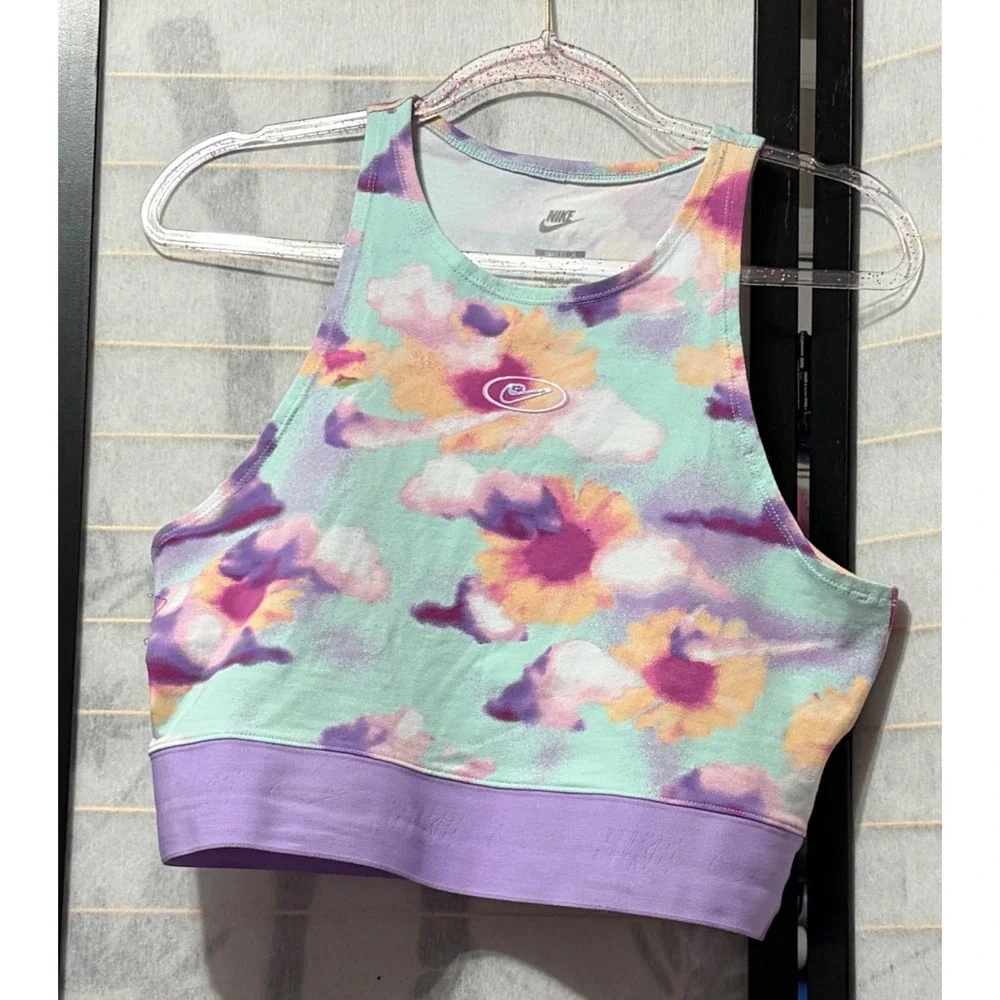 Nike‎ Large Tank Top Floral Fitted Cropped Purple Trim Y2K Boho Festival Summer